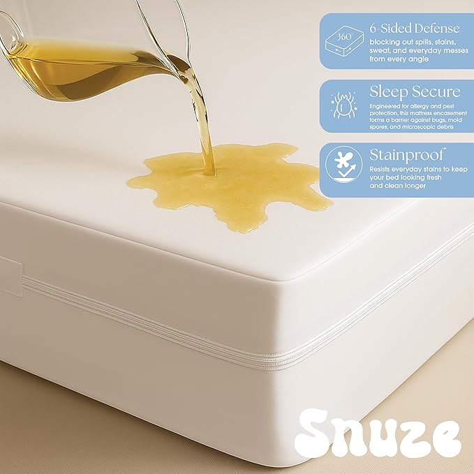 Snuze Total Protection Mattress Encasement Twin Size, 6-Sided Waterproof Mattress Cover Zippered Encasement for Allergen and Dust Protection, Machine Washable, Fits Up to 15” Deep Mattress