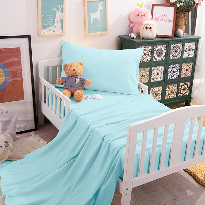 NTBAY Toddler Sheet Set - 3-Piece Microfiber Crib Sheet Set - Flat Sheet, Fitted Sheet, Pillowcase - Solid Toddler Bedding, Light Blue