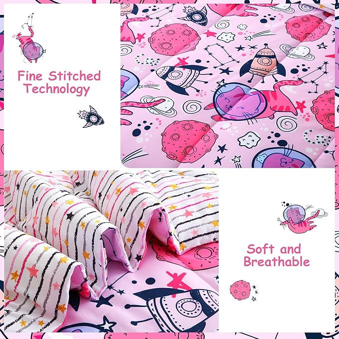 Mooreeke Kids Twin Comforter Sets for Girls 6 Pieces Cute Space Cat Bedding Set for Teens Microfiber Pink Kids Bed in A Bag with Comforter, Sheet Set, Shams and Decorative Toy Pillow All Season