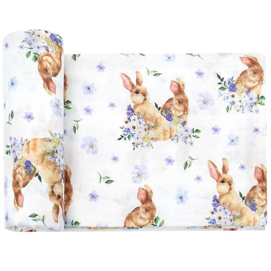 LifeTree Baby Swaddle Blankets, Muslin Swaddle Blankets Boys Girls Swaddling Wrap Receiving Blanket, 70% Viscose from Bamboo and 30% Cotton, Large 47" x 47", Floral and Rabbit Pattern