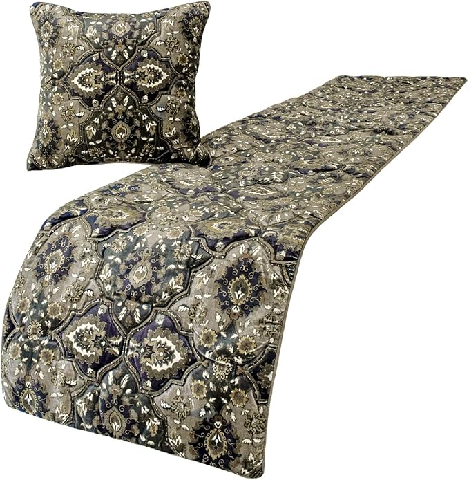The HomeCentric Gray Bed Runner for King/Queen/Twin Velvet Decorative Bed Scarf 53"x18" Bed Runner Without Pillow Cover, Damask Bed Scarf Bedroom Décor Accent - Pewter Palace