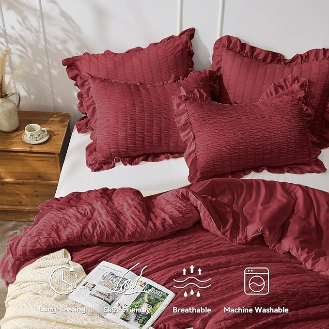 JOLLYVOGUE Queen Comforter Set, 3 Pieces Burgundy Seersucker Comforters Queen Size, Lightweight & Fluffy Bedding Sets for All Season with 1 Ruffle Comforter and 2 Ruffle Pillowshams
