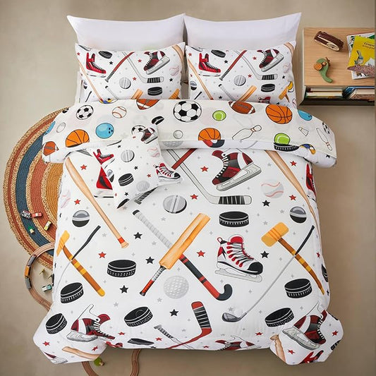 A Nice Night 6Pcs Full Sports Bedding Set for Boys, Full Comforter with Ice Skates, Baseball Bat & Hockey Design(White)