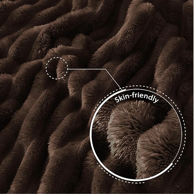 Exclusivo Mezcla Queen Size Flannel Fleece Blanket, Super Soft Striped Jacquard Bed Blanket, Lightweight Fuzzy Cozy for All Seasons, 90x90 Inches, Coffee