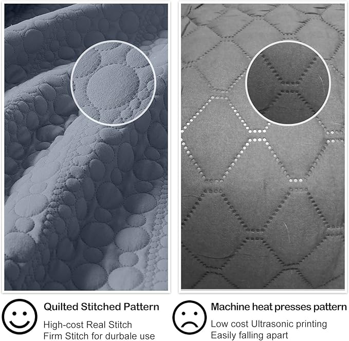 HORIMOTE HOME Quilt Set King Size Denim Blue, Classic Geometric Spots Stitched Pattern, Pre-Washed Microfiber Coverlet Ultra Soft Lightweight Quilted Bedspread for All Season, 3 Pieces