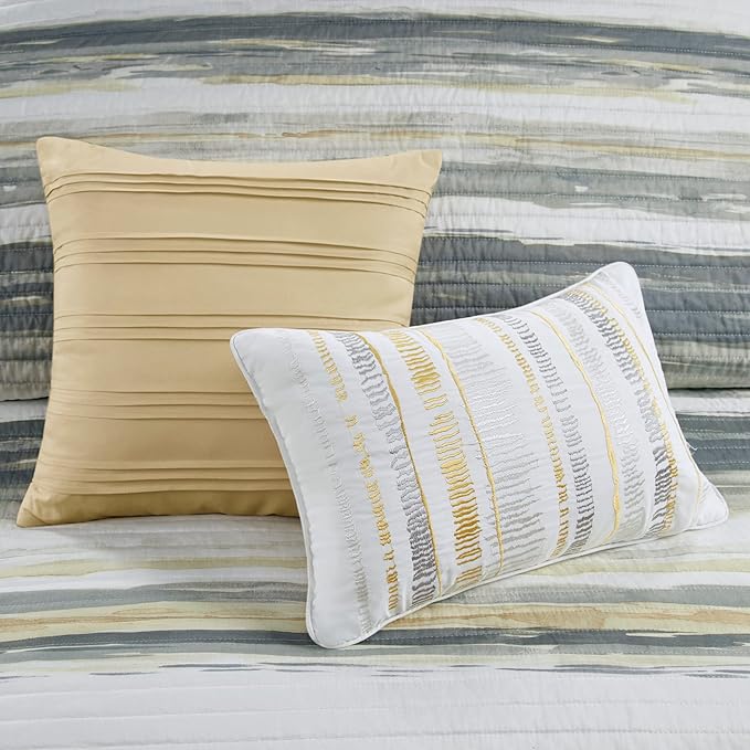 Madison Park Quilt Set Cottage Coastal Design, 6 Piece Set - All Season, Coverlet Bedspread Lightweight Bedding Layer, Shams, Toss Pillows, Full/Queen(90 in x 90 in), Yellow/Grey