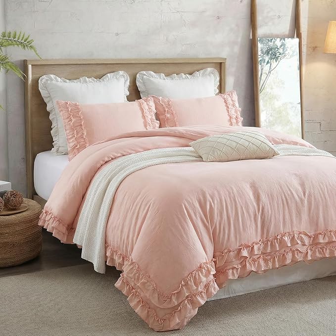 Pink Ruffled Duvet Cover Girls Coquette Bedding Set Cute Lace Fringe Ruffle Bedding Shabby Chic Farmhouse Style Super Soft Cozy Elegant Cover Cover Set King Size