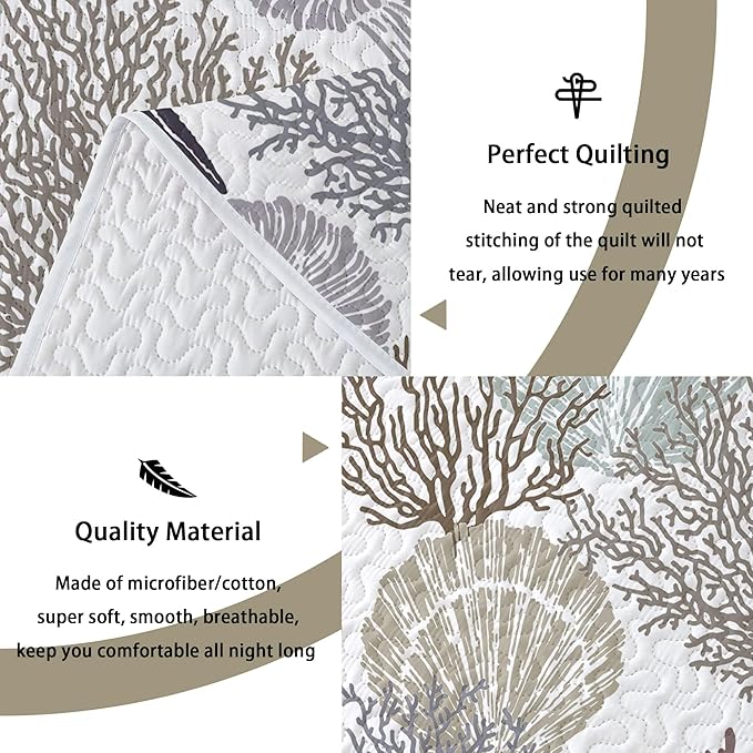 Tritard 3 Piece Coastal Quilt Sets King Size - Reversible Microfiber Quilts with 2 Shams Soft Lightweight Beach Bedding Nautical Bedspread Coverlet Summer Comforter Set for All Season, 106''x96'', C2