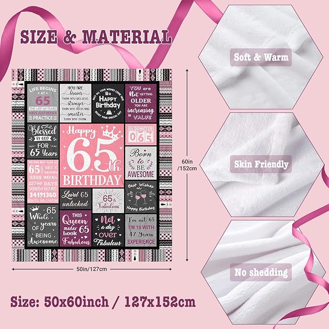 65th Birthday Gifts for Women Throw Blanket 60”x50”, Happy 65th Birthday Decorations for Women, 1961 Bday Gift for 65 Year Old Woman Mom Grandma Friend