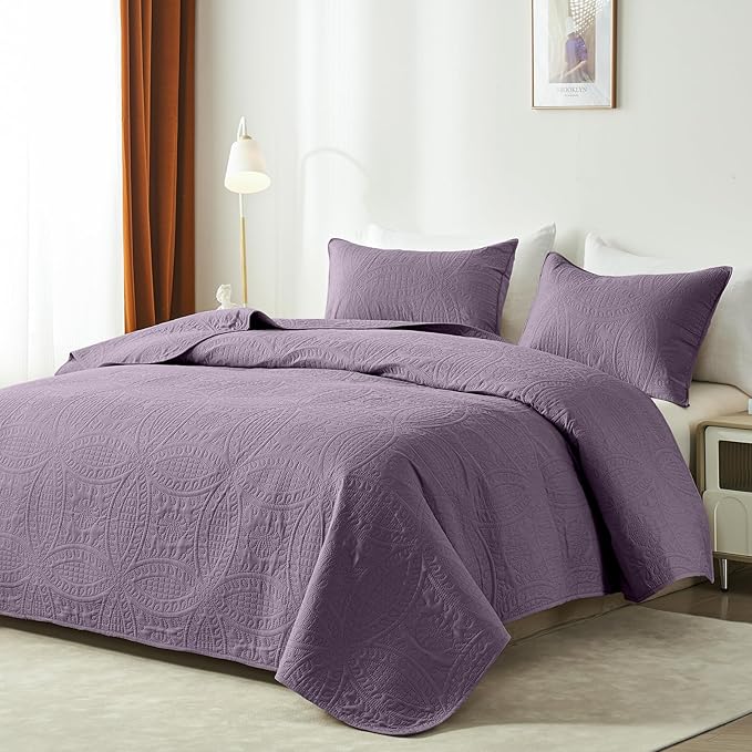 akkialla Grayish Purple King/Cal King Quilt Set, Ultrasonic Lightweight Bedspread Coverlet for Modern Minimalist Bedroom, Soft Microfiber Coin Pattern Bedding, 3-Piece (1 Quilt, 2 Pillow Shams) | Breathable fabric