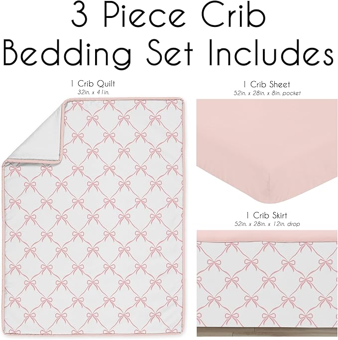 Sweet Jojo Designs 3-Piece Baby Crib Bedding Set (Pink Bows) for Girls, Infants/Nursery incl. Blanket, Fitted Sheet and Crib Skirt (Blush and White, Bow, Ballerina, Ballet Dancer, Princess Collection)