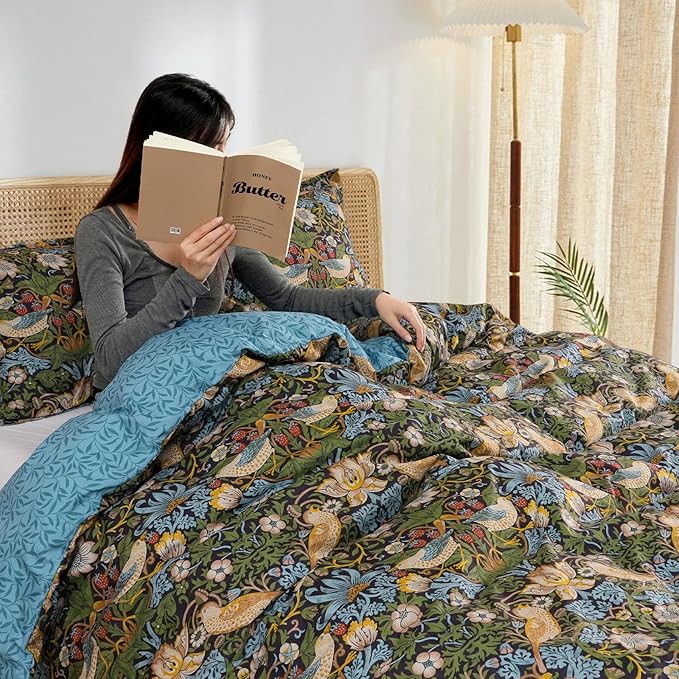 PHF Ultra Soft Floral Duvet Cover King Size, Revisible Boho Printed Vintage Bedding Set 3 Pieces, Comfy Durable Morris Garden Duvet Cover Set with 2 Pillow Shams, Zipper Closure and 8 Ties, 104"x90"