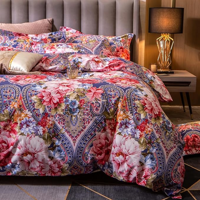 ABREEZE Colorful Floral Duvet Cover King 100% Cotton Flower Duvet Cover 3 Piece Set 1 Multi-Colored Damask Paisley Duvet Cover with Zipper Ties 2 Pillowcases Luxury Soft Peony Print Bedding Set