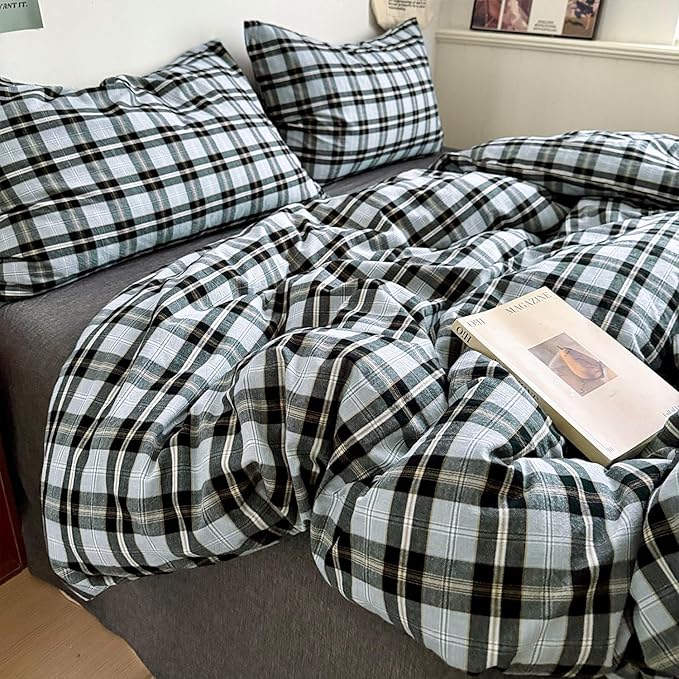 mixinni Vintage Grey & Pale Blue Buffalo Plaid Duvet Cover Set Queen Size - 3 Piece Washed Cotton Bedding Set with Grid Pattern, Soft & Breathable Duvet Cover with Pillowcases for Boys, Men& Women