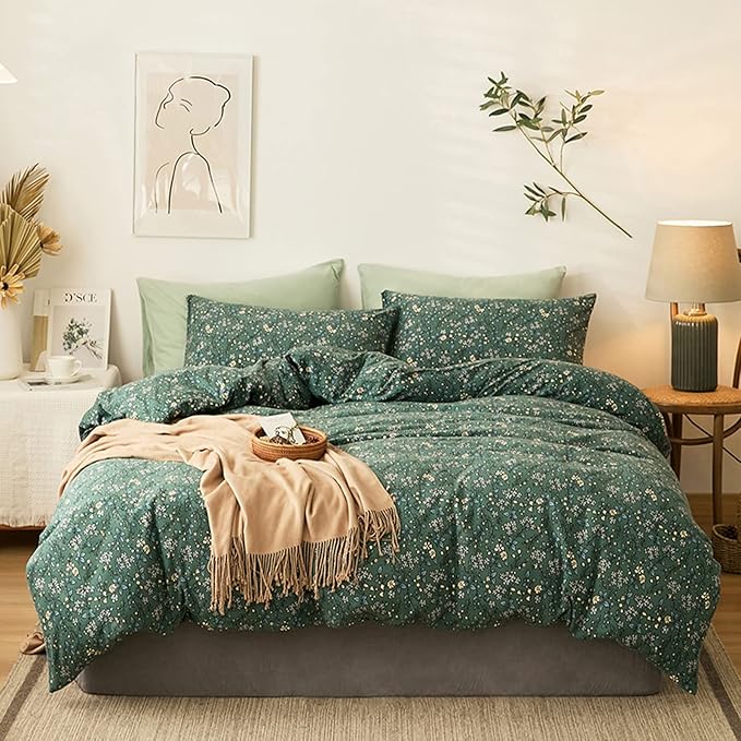 HighBuy Jersey Knit Cotton Duvet Cover Queen Green Floral 100% T-Shirt Cotton Comfy Bedding Set Super Soft Garden Chic Comforter Cover Queen Size