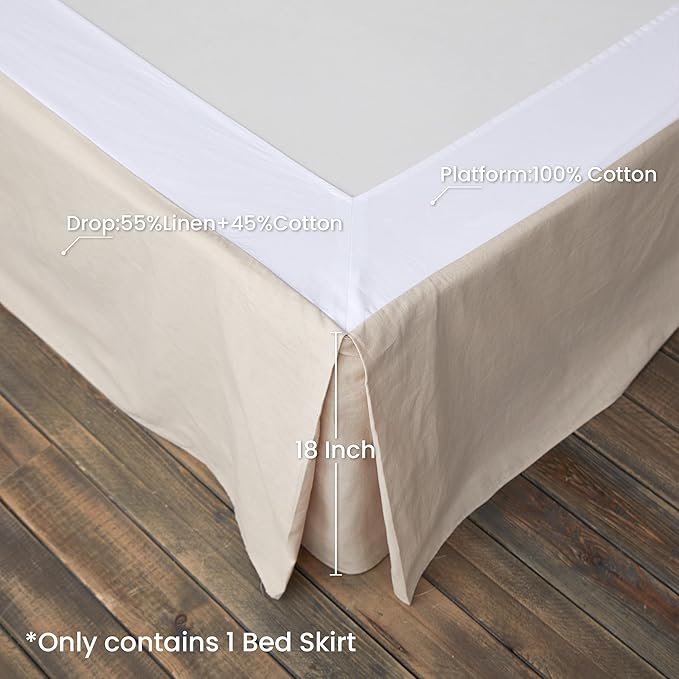 BISELINA French Linen Wrap Around Bed Skirt with Pleated Corner 18-Inch Tailored Drop Natural Flax Cotton Blend Basic Soft Cozy (18" Queen, Linen)