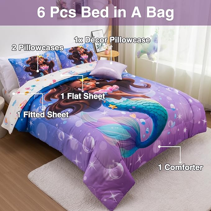 A Nice Night Mermaid Wearing Starfish Hair Accessory Queen Comforter Set for Girls, Ocean Theme Full 6-Piece Bed in a Bag with Sheet Set & Pillowcases