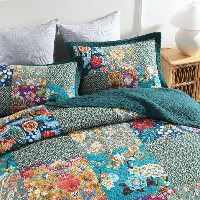 Autumn Dream Cotton Bedspread Quilt Sets Reversible Bedding Coverlet Sets Comforter, Vintage Floral Patchwork Turquoise Bedspread, King Size | Breathable material, Reversible, Soft durable, Handmade patchwork, Machine waschable, Jacquard stitching