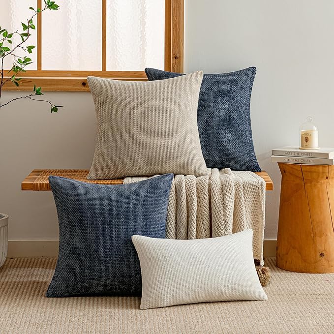 a moment Dark Blue Chenille Throw Pillow Covers 20x20 Inch Pack of 2 Modern Decorative Throw Pillow Covers Farmhouse Cross Covers Home Decor for Sofa Bedroom Living Room