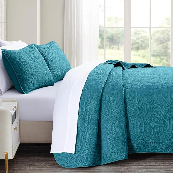akkialla Teal Twin Quilt Set, Ultrasonic Lightweight Bedspread Coverlet for Modern Minimalist Bedroom, Soft Microfiber Coin Pattern Bedding, 2-Piece (1 Quilt, 1 Pillow Sham) | Breathable fabric