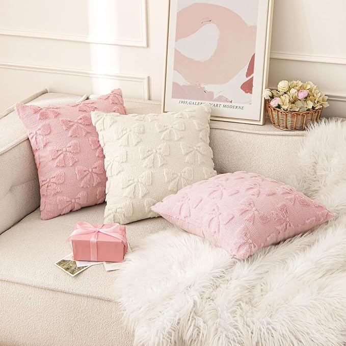 MIULEE Pink Bow Pillow Covers Coquette Room Decor Aesthetic Set of 2 Decorative Cute Girl Vlentine Pillow Covers Spring Soft Plush Faux Pillowcase for Preppy Room Decor Bedroom Couch,18x18 Inch