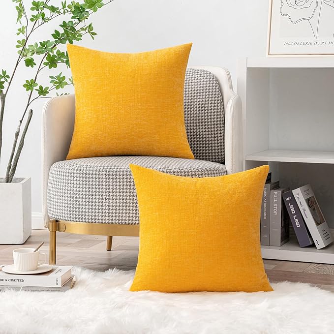 MIULEE Pack of 2 Couch Throw Pillow Covers 16x16 Inch Soft Goose Yellow Chenille Pillow Covers for Sofa Living Room Spring Home Decor Couch Solid Dyed Cases