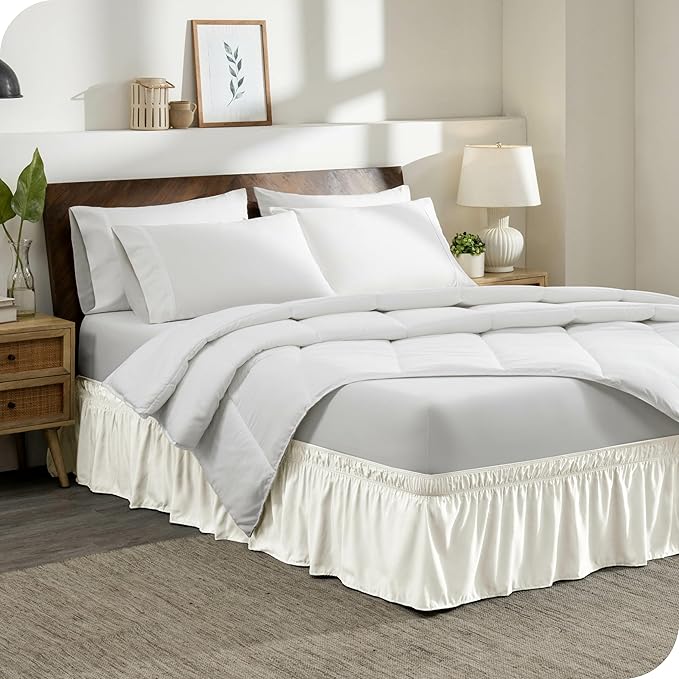 Bare Home Wrap Around Bed Skirt - for Full Size Beds with 15 inch Tailored Drop - Easy Fit Elastic Strap - Adjustable and Ruffled Style - Wrinkle, Fade, and Stain Free (Full, Cream)