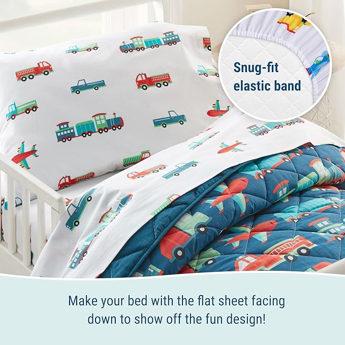 Wildkin 100% Cotton Toddler Sheet Set – Soft & Cozy Bed Sheets - Transportation