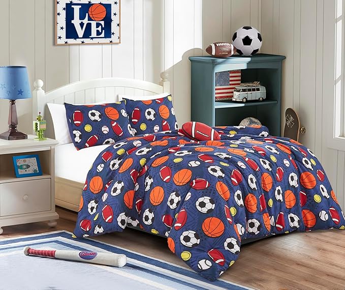 Chezmoi Collection 4-Piece Kids Sports Balls Bedding Comforter Set Full/Queen Size - Soft Microfiber Navy Blue Gray Orange White Printed Football Soccer Basketball Baseball Tennis for Kids/Teens