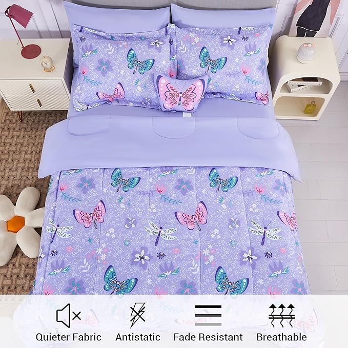 Mooreeke Kids Full Comforter Sets for Girls 8 Pieces Butterfly Purple Bedding Set for Teens Soft Microfiber Kids Bed in A Bag with Comforter, Sheet Set, Shams and Decorative Toy Pillow All Season