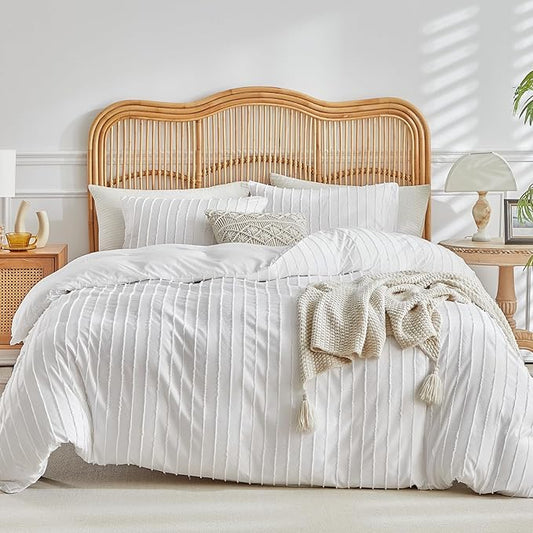 Lekesky White Duvet Cover Queen Size, Striped Tufted Textured Queen Duvet Cover Set 3pcs Ultra Soft Microfiber Breathable Shabby Chic Boho Bedding Sets with Zipper Ties (No Comforter)