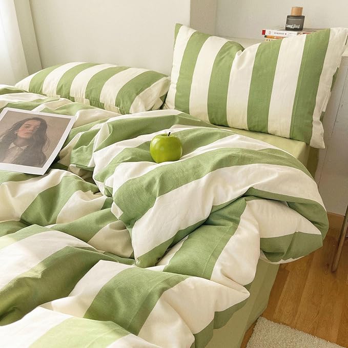 Full Comforter Set 3 Pieces Striped Comforter Set Green White Stripes Pattern Comforter with 2 Pillowcases Modern Style Fluffy Soft Lightweight Bedding Set Comfy Retro Striped Comforter Full Size