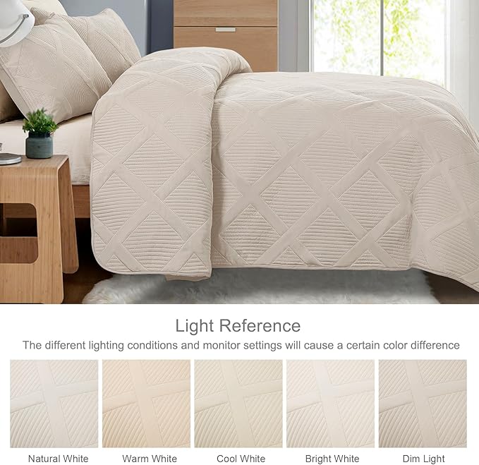 Exclusivo Mezcla Twin Size Quilt Set - Brich Beige Quilts Bedding Set with 2 Pillow Shams, Modern Bedspread with Striped Pattern, Soft Lightweight Bedspreads Coverlets for All Seasons