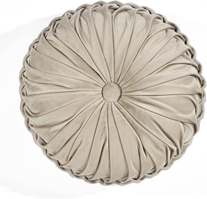 Lush Decor Round Pleated Soft Velvet Decorative Throw Pillow, 1 Count, 15" Diameter, Taupe - Neutral Plush Round Pillow, Seat Cushion, Decorative Pillows For Bed, Couch, Or Chair