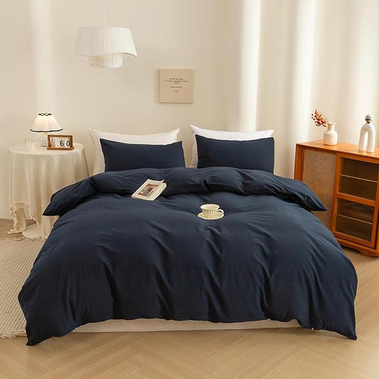ECOCOTT Navy Blue Duvet Cover Oversized King Size - 100% Washed Cotton Durable Soft Comfy Bedding Set, 3 Pieces Duvet Cover with Zipper Closure (Navy Blue, 120"x 98")