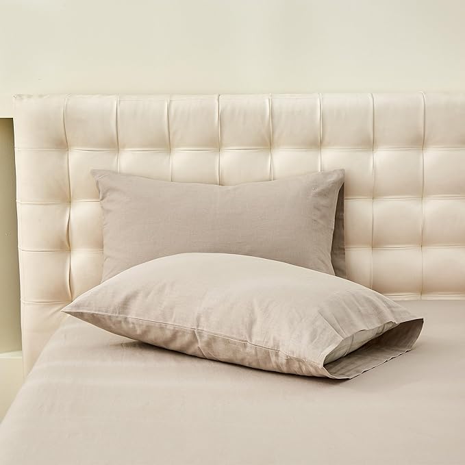 Simple&Opulence Belgian Linen Sheet Set Solid Color - 4 Pieces (1 Flat Sheet & 1 Fitted Sheet & 2 Pillowcases) Natural Flax Cotton Blend Soft Bedding Breathable Farmhouse - Khaki, Full Size