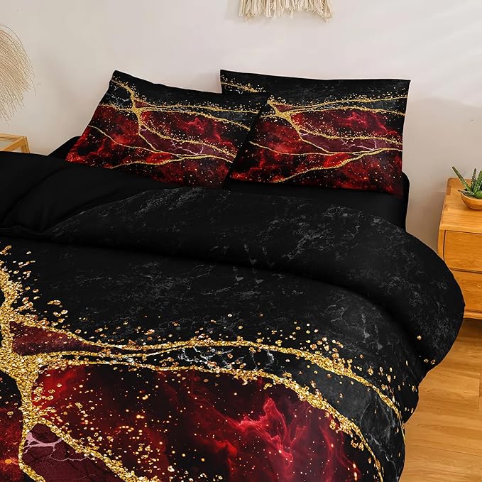 Bedorm Red Marble Comforter Set 6 Pcs Twin Size Bedding Set in A Bag Black Gold Marble Stone Texture Abstract Room Decor