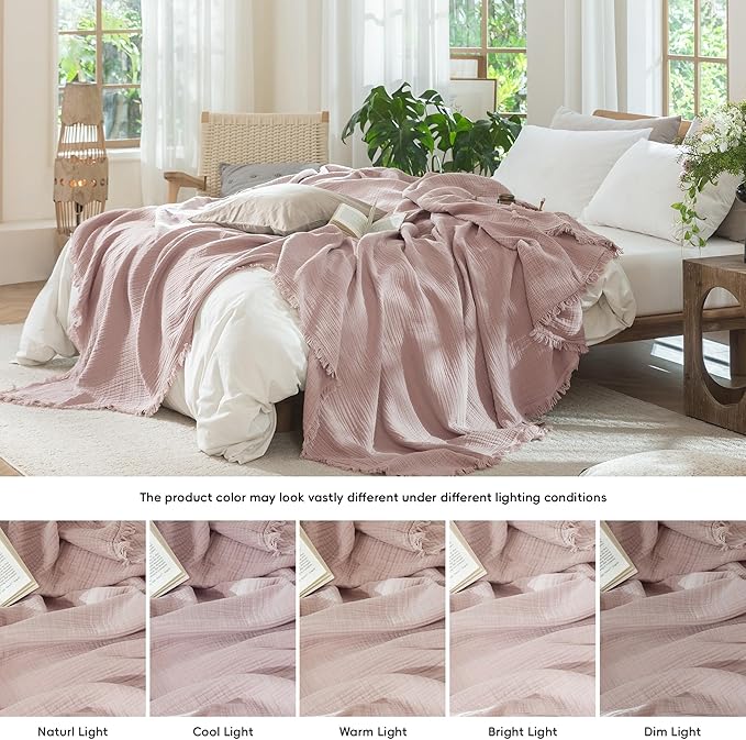 MooMee Muslin Blanket - 100% Cotton 4-Layer Gauze Throw Blanket with Tassels Ultra-Soft Breathable Lightweight Cooling for Bed Couch (Greyish Pink, Queen 90" x 90")