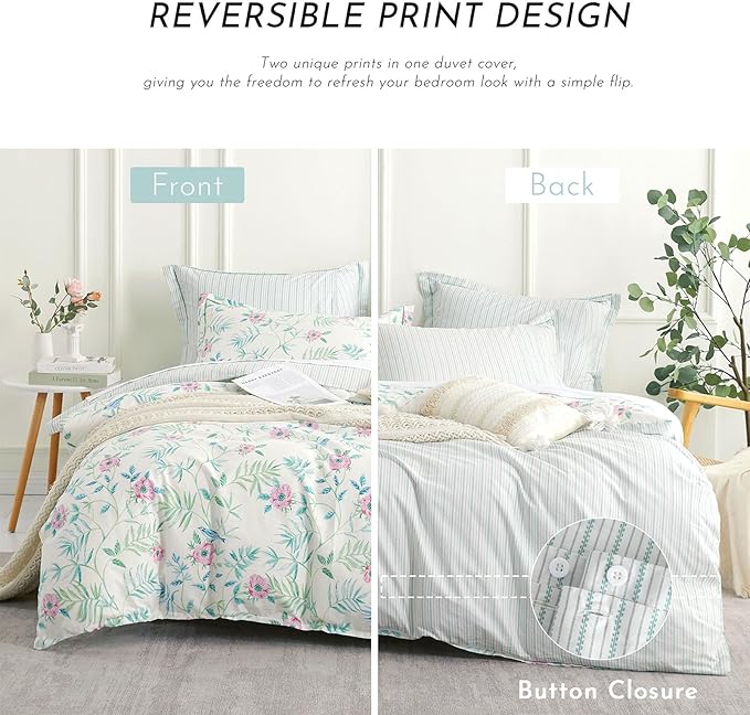 Elegant 100% Cotton Duvet Cover Queen Size - Petal Pink Flowers & Sage Branches on Soft White,Fine Striped Back, Neutural Bedding Set 3Pcs with Button Closure (Queen,90"x90")