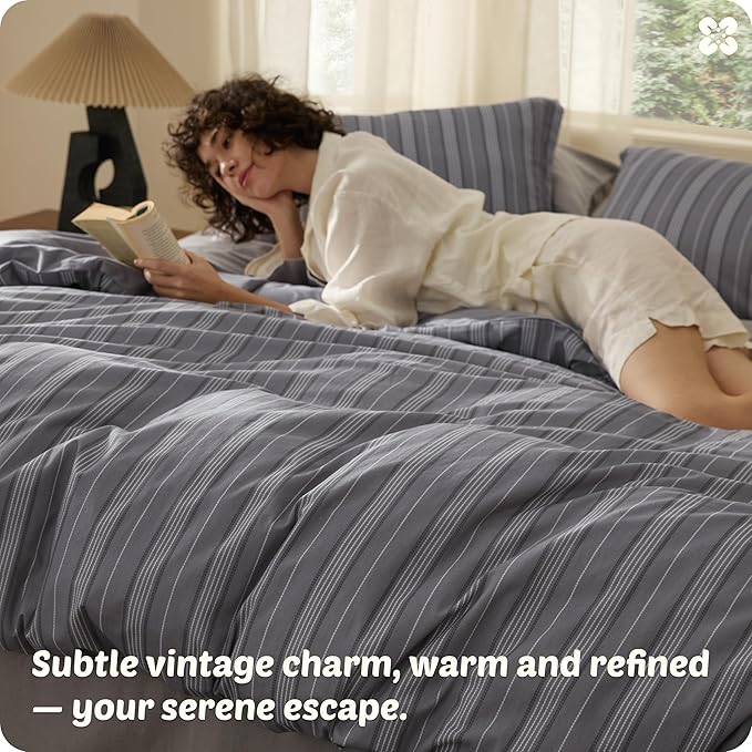 Bedsure Striped Duvet Cover Queen Size,100% Washed Cotton Duvet Cover Linen Like Textured, Classic Striped Pattern Enhances Bedroom Comfort and Style, Stripes Grey, 90"x90"