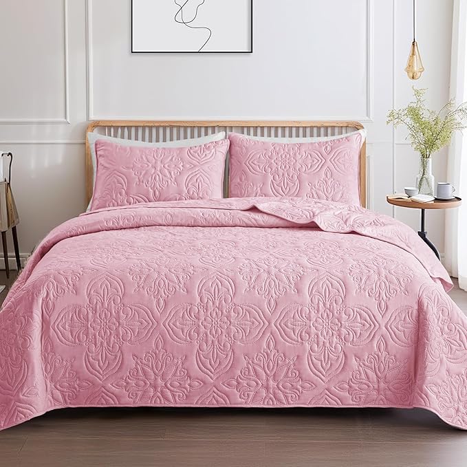 Whale Flotilla Soft Twin Quilt Bedding Set for All Seasons, Elegant Vintage Damask Ultrasonic Quilts Set, Lightweight Reversible Bedspread, Coverlet, Bed Cover with 1 Pillow Sham, Pink