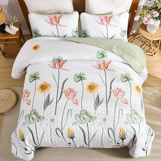 WONGS BEDDING 3 Pieces Quilt Set Queen,Sage Green Floral Printed Quilted Bedspread Set,Soft Lightweight Bedding Coverlet Set for All Seasons(96"x90")