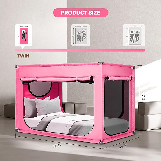 Twin Bed Canopy Portable Blackout Bed Tent Privacy Tent for Adult Indoor Sleeping with 3 Doors, Storage Bag, Pink