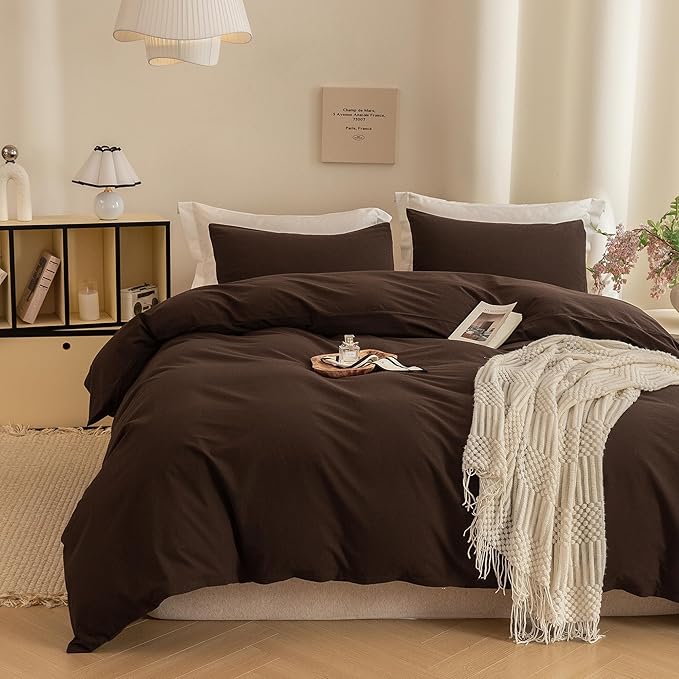 ECOCOTT Duvet Cover Queen Size -100% Washed Cotton Linen Like Textured Breathable Durable Soft Comfy Bedding Set with Zipper Closure & Corner Ties Chocolate Brown