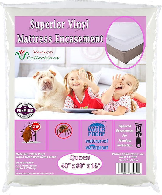 Superior Extra Heavy 8 Gauge Vinyl Mattress Protector Zippered Encasement Cover 100% Waterproof Queen White