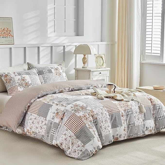 Lekesky Queen Size Duvet Cover Set, Patchwork Floral 3 Pieces Reversible Duvet Grey Cover Set, Ultra-Soft Microfiber 3 Pieces Comforter Cover with Zipper and Corner Ties, Includes 2 Pillowcases