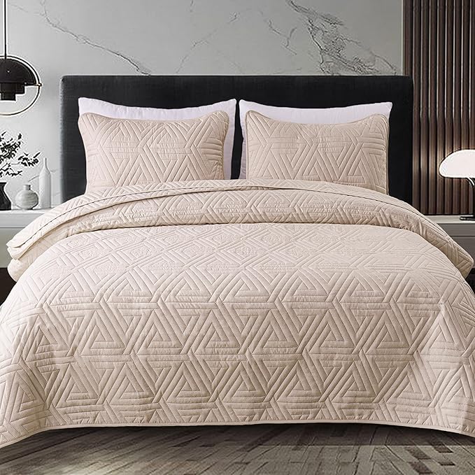 Whale Flotilla Soft Queen Size Quilt Set for All Seasons, 3-Piece Ultrasonic Geometric Quilts Bedding Set, Lightweight Reversible Bedspread, Coverlet, Bed Cover with 2 Pillow Shams, Brich Beige