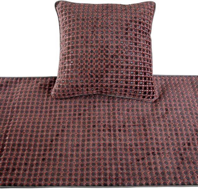 The HomeCentric Grey Bed Runner Without Pillow Cover, Full Size 68"x18" Decorative Bed Runner, Peach & Grey Velvet Bed Scarf in Sequins Embroidery - Ditto Dots