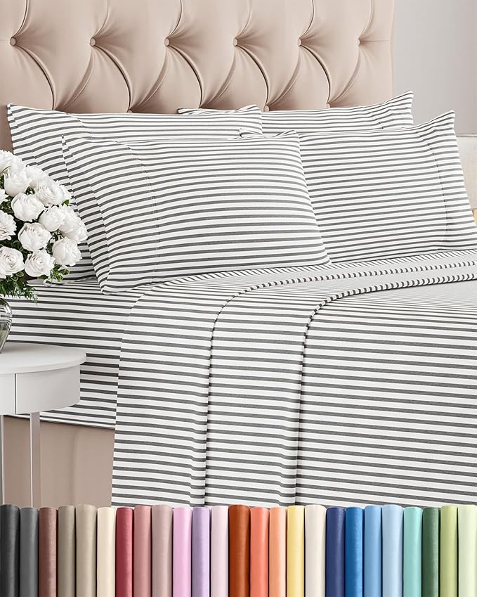King 6 Piece Sheet Set - Comfy Breathable & Cooling - Soft Hotel Luxury Bedding Set with 8-16 Inch Deep Pockets - 1 Flat & 1 Fitted Sheet & 4 Pillowcases - Wrinkle Free & Easy Care - Grey Stripes 2