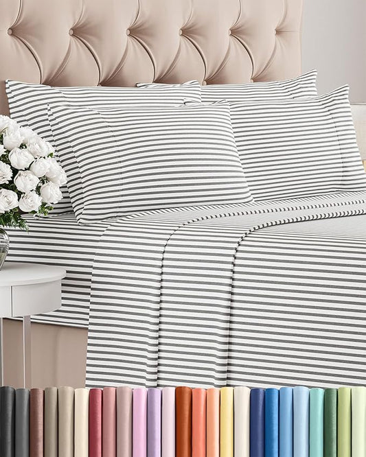 King 6 Piece Sheet Set - Comfy Breathable & Cooling - Soft Hotel Luxury Bedding Set with 8-16 Inch Deep Pockets - 1 Flat & 1 Fitted Sheet & 4 Pillowcases - Wrinkle Free & Easy Care - Grey Stripes 2